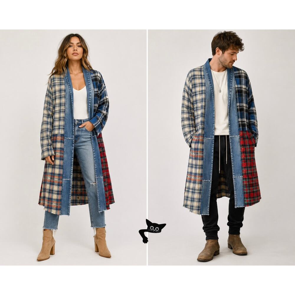 NWOT Greg Lauren Denim Studio Patchwork Plaid Kimono Coat Size S - Picture 6 of 15